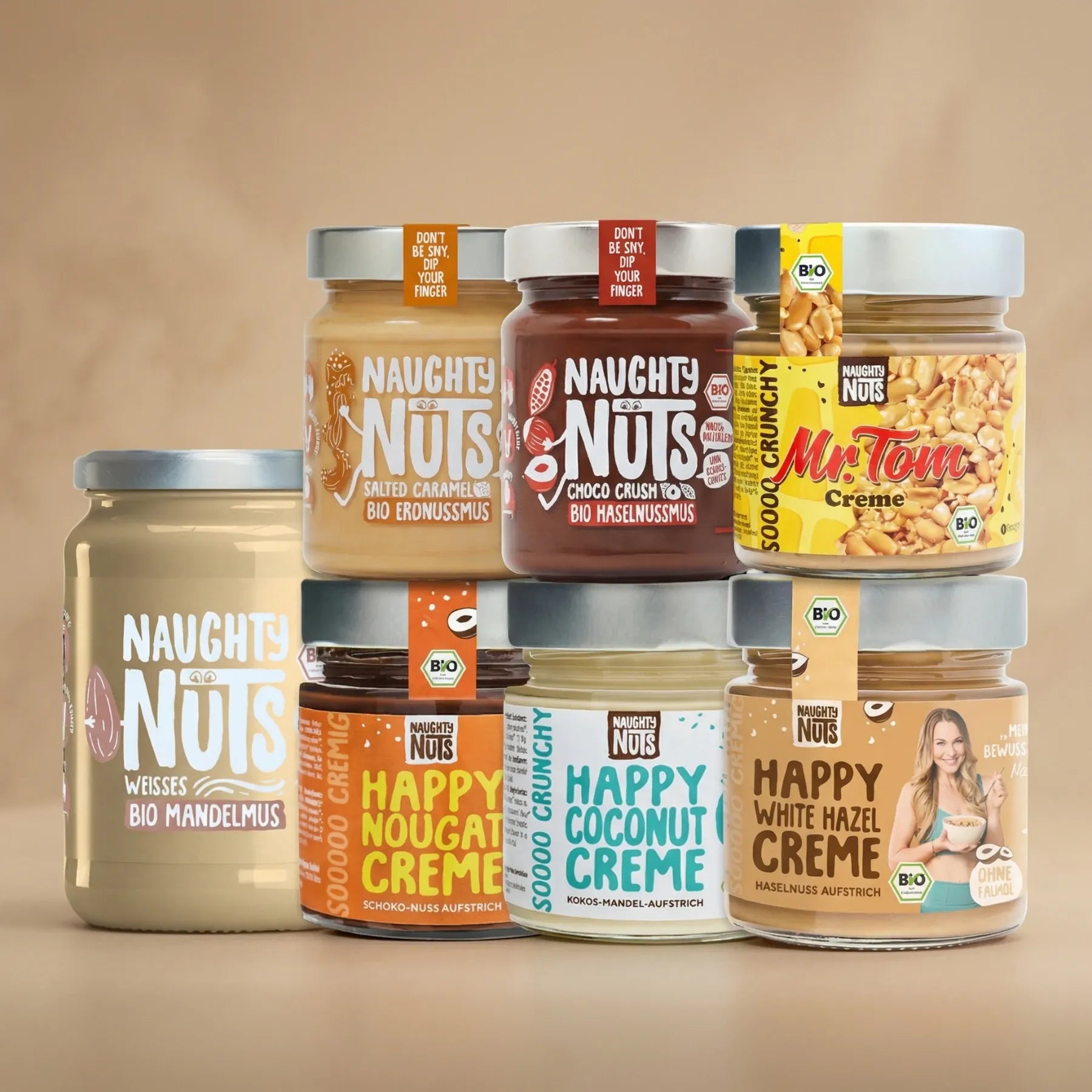 Einsteiger Paket mit sechs verschiedenen Naughty Nuts Nussmusen und Aufstrichen