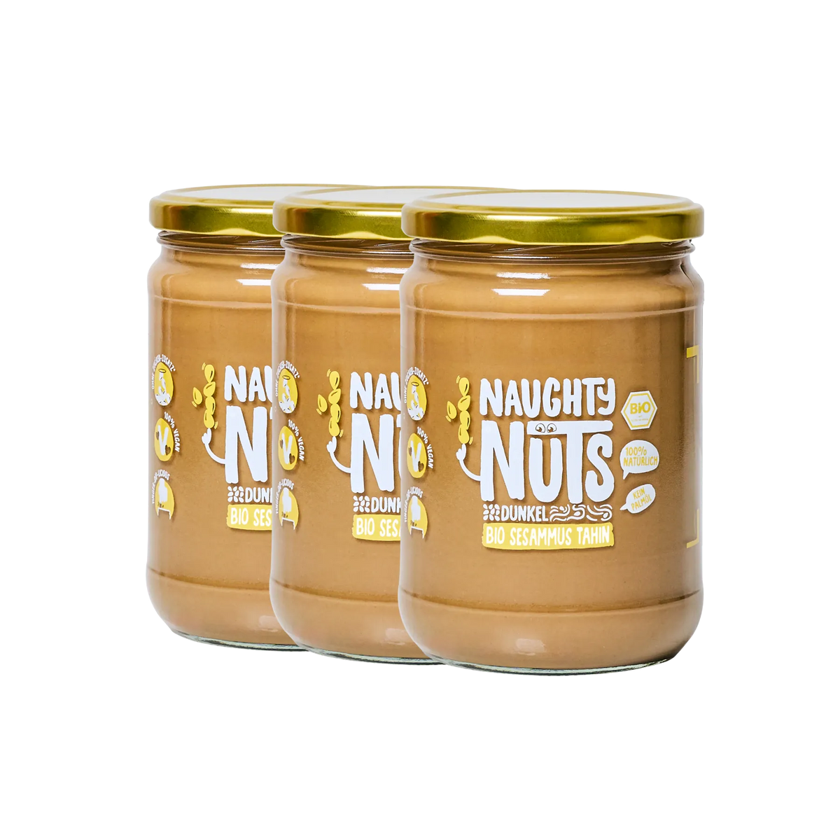 Drei Gläser Bio Sesammus Tahin dunkel von Naughty Nuts