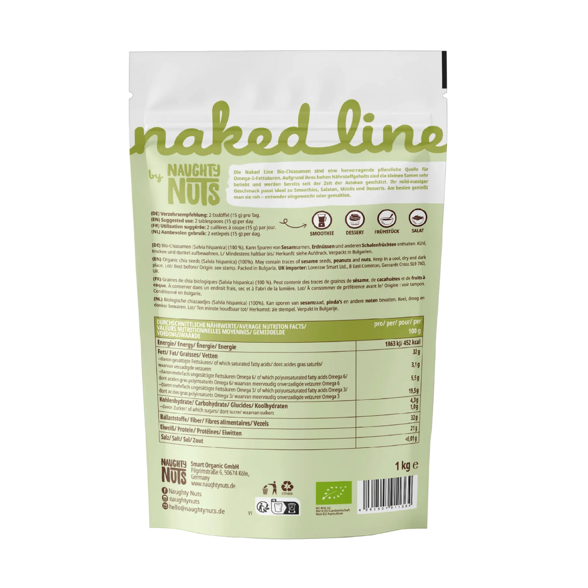 Rückseite der Chia Samen Verpackung mit Nährwerttabelle und Produktinformationen