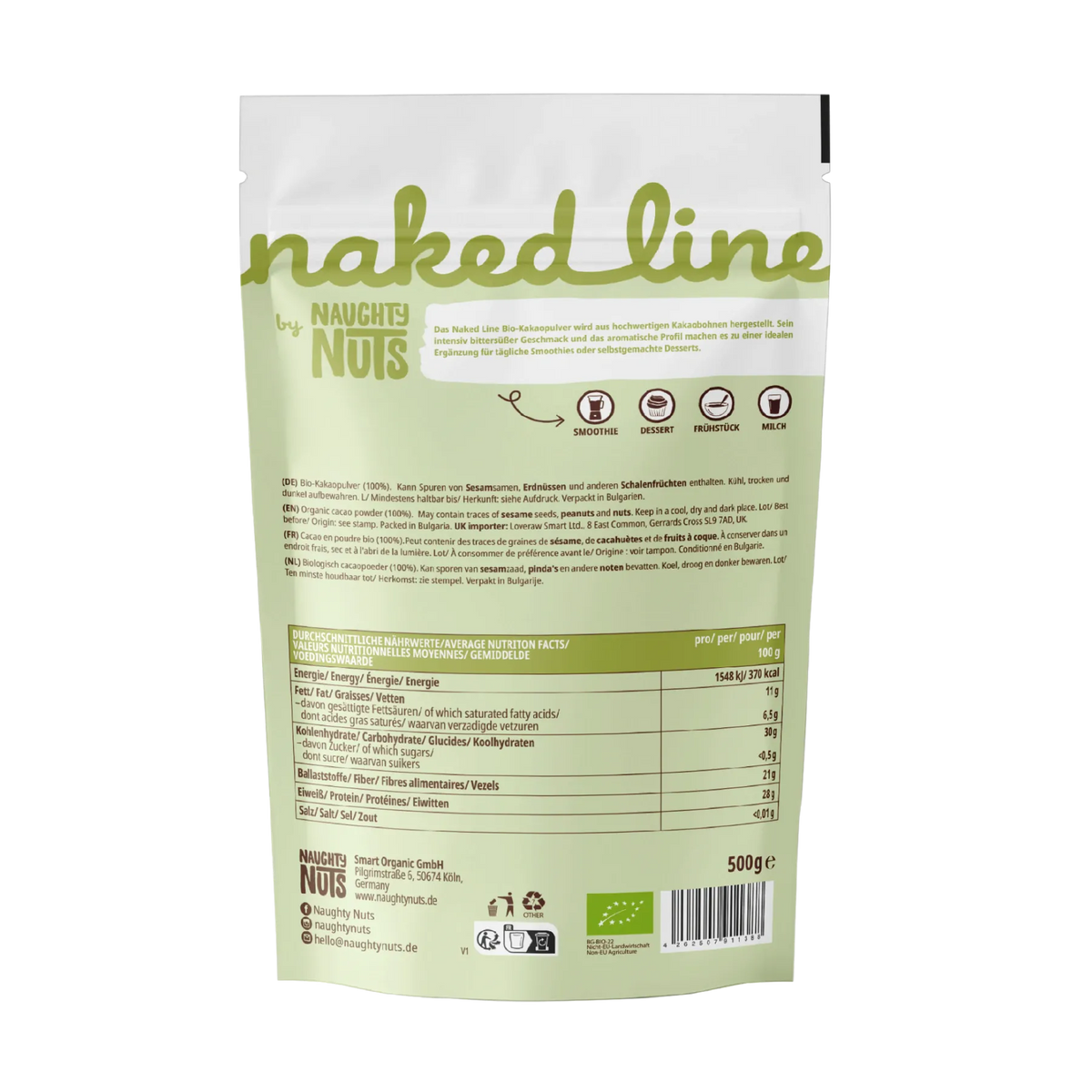 Rückseite der Verpackung von Naked Line Kakao Pulver mit Nährwerttabelle und Produktinformationen
