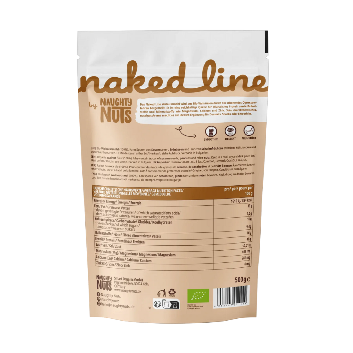 Rückseite der Verpackung von Walnuss Mehl mit Nährwerttabelle und Produktinformationen