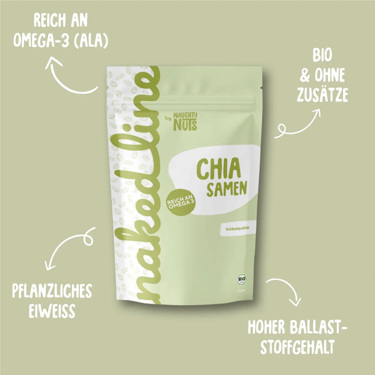 Verpackung von Naughty Nuts Chia Samen mit Hinweisen zu Inhaltsstoffen und Bio Qualität