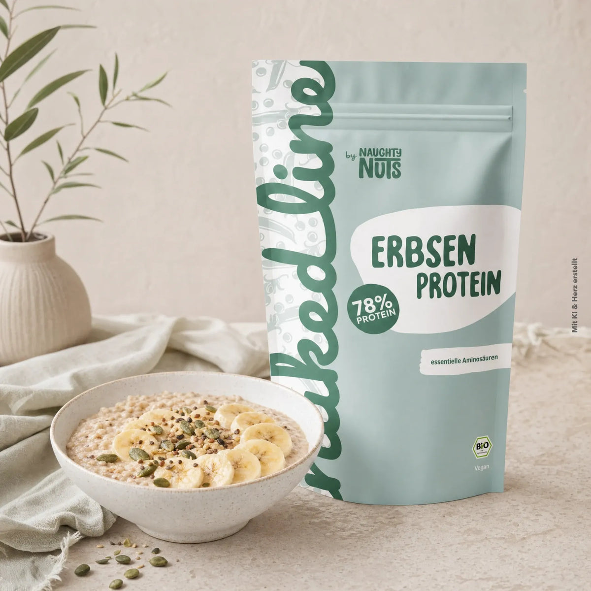 Verpackung von Erbsen Protein neben einer Schale mit Haferbrei und Bananenscheiben