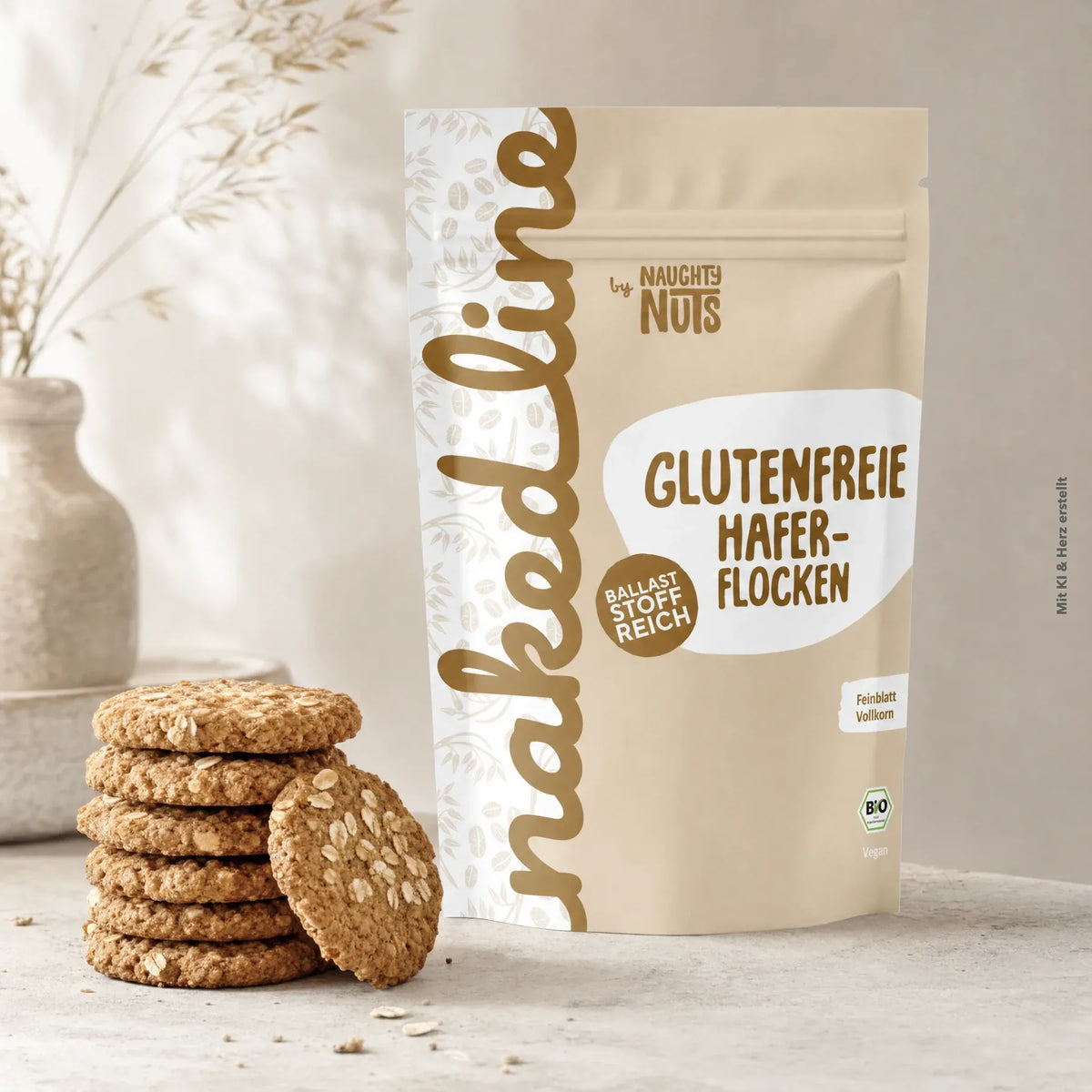 Naughty Nuts Naked Line glutenfreie Haferflocken Packung neben einem Stapel Haferkekse