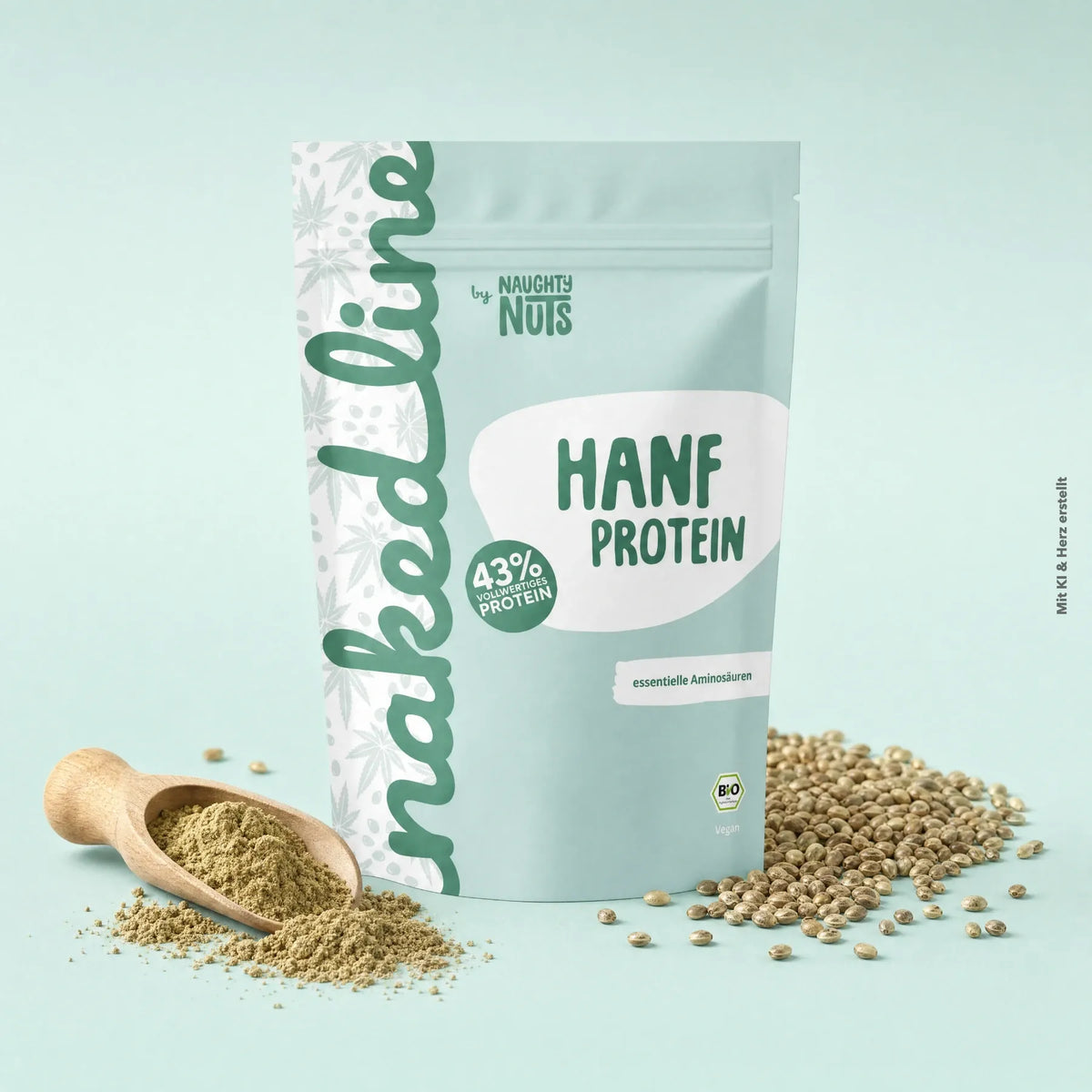 Hanf Protein Beutel mit Holzlöffel und Hanfsamen auf hellblauem Hintergrund