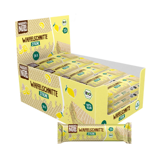 Verkaufsdisplay mit 20 Bio Waffelschnitten Zitrone und einzelner Waffelschnitte davor