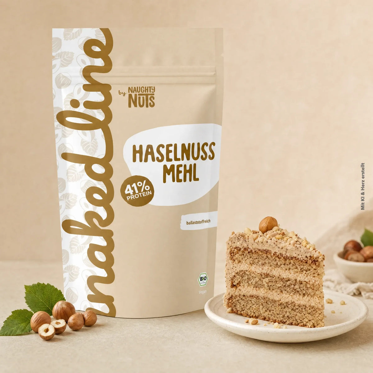 Naughty Nuts Haselnussmehl Packung neben einem Stück Haselnusstorte auf einem Teller
