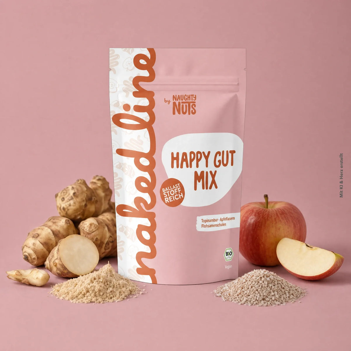 Happy Gut Mix Beutel umgeben von Topinambur Apfel und Flohsamenschalen auf rosa Hintergrund