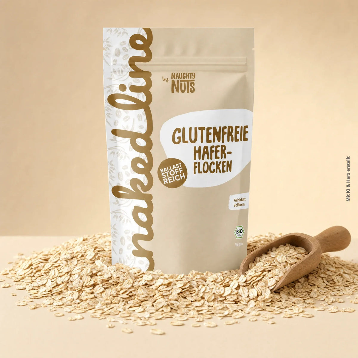 Verpackung mit glutenfreien Haferflocken von Naughty Nuts umgeben von losen Haferflocken und einer Holzschaufel