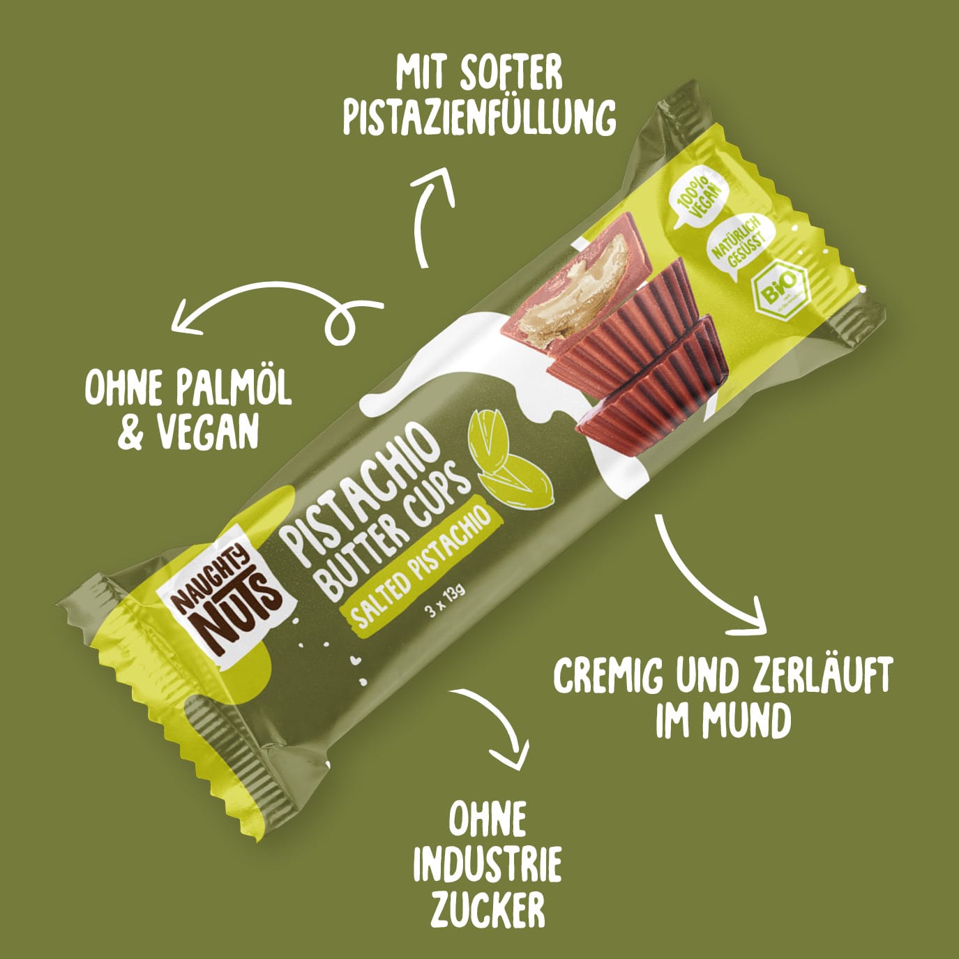 Naughty Nuts Pistachio Butter Cups Packung mit Pistazienfüllung, ohne Palmöl, vegan, ohne Industriezucker