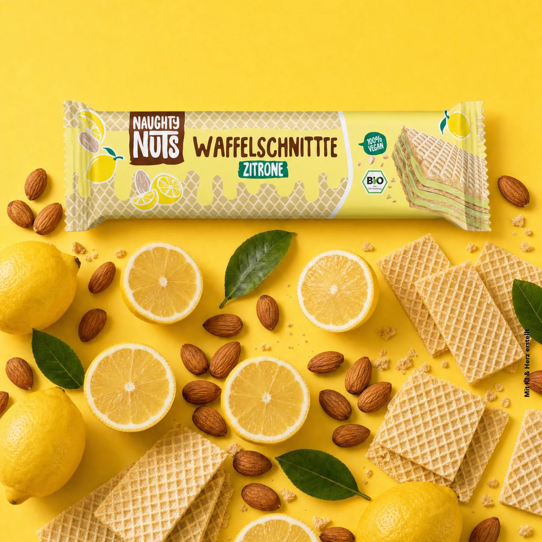 Bio Waffelschnitte Zitrone umgeben von frischen Zitronen und Mandeln auf gelbem Hintergrund