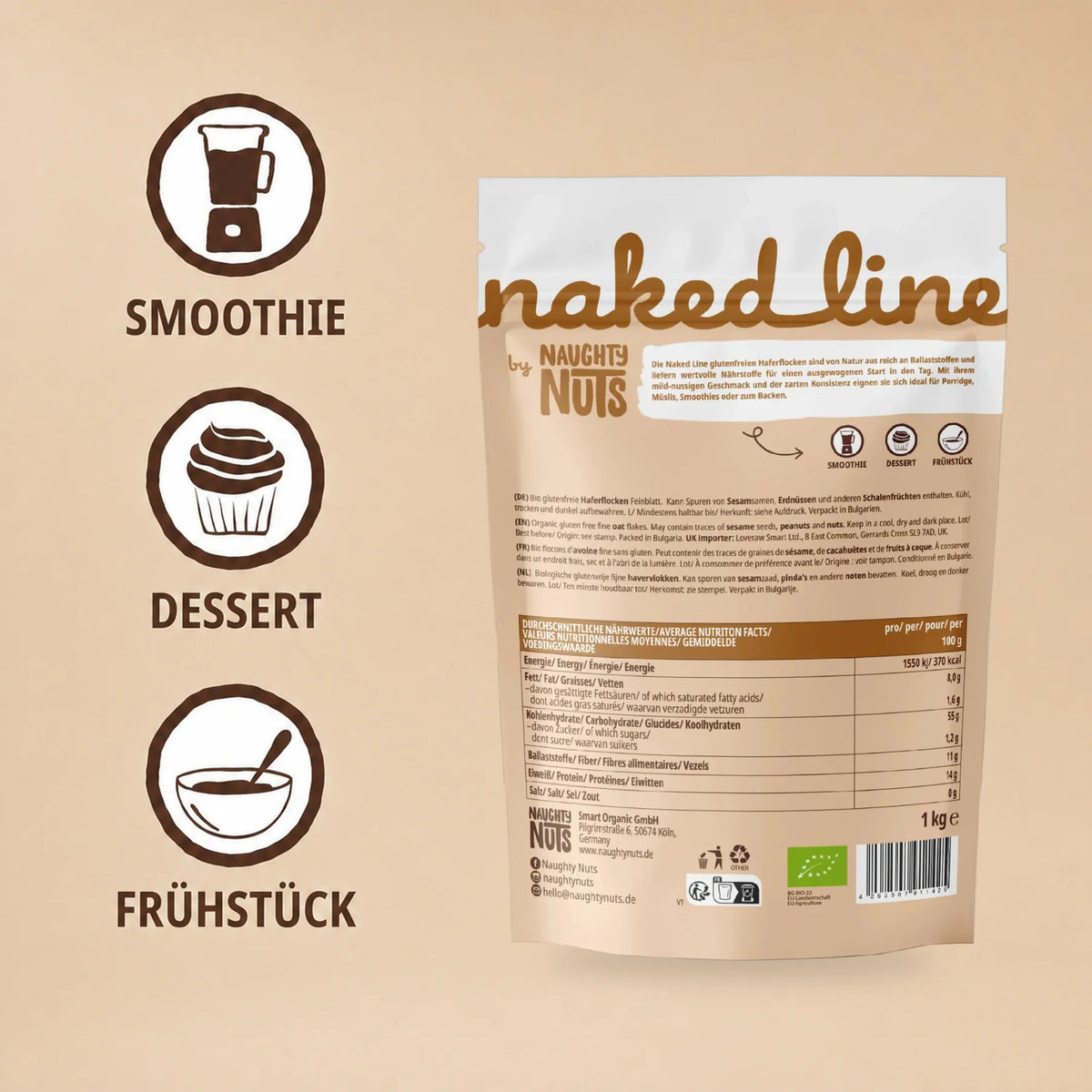 Rückseite der Verpackung von glutenfreien Haferflocken mit Nährwerttabelle und Anwendungssymbolen