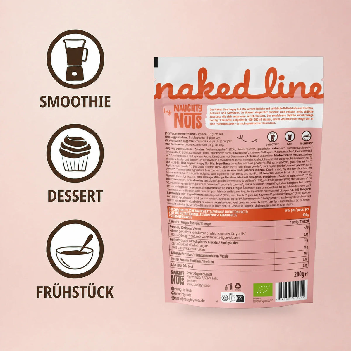 Happy Gut Mix Verpackungsrückseite mit Nährwerttabelle und Anwendungshinweisen für Smoothie Dessert und Frühstück